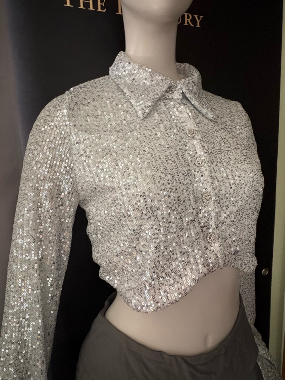 NWOT Fashion Nova Silver Sequin Cropped Button-Down Shirt